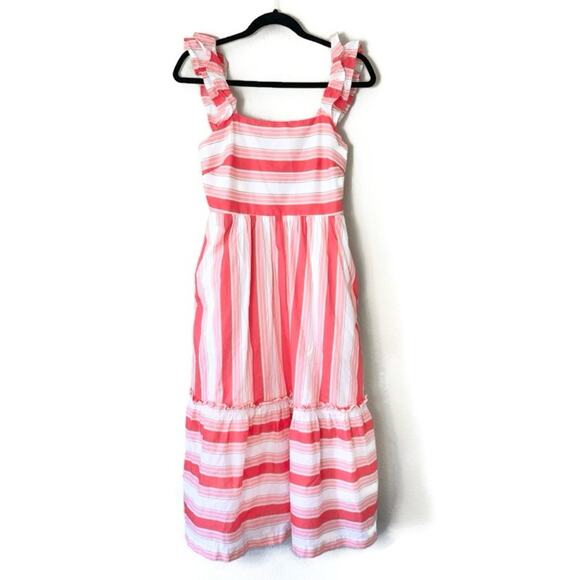 J. Crew Square Neck Pink Striped Midi Dress Size 2 - Picture 1 of 8